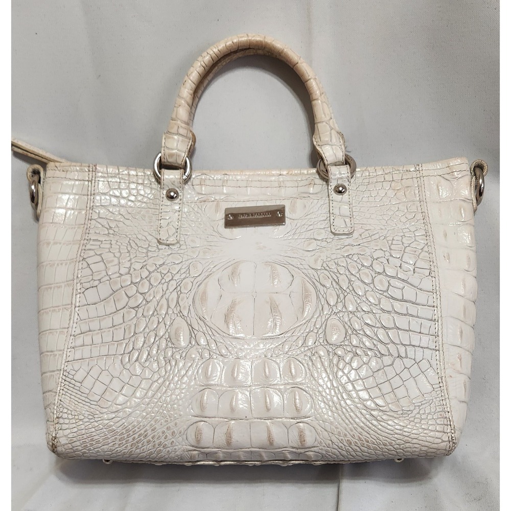 Brahmin Cream White Crocodile Embossed Leather Satchel Handbag Silver Hardware